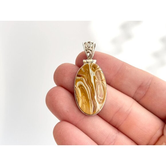 Utah Agate Brown & Gold Oval Floral Bail Sterling Silver 925 Vintage Pendant - Picture 8 of 10